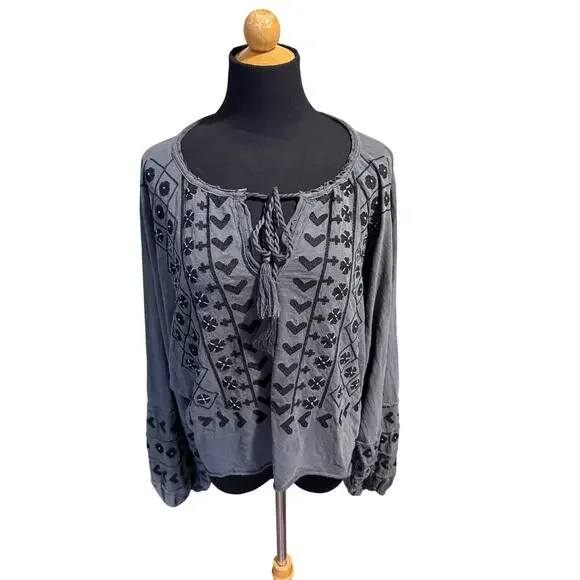 Free People Gray Embroidered Blouse - Picture 4 of 8